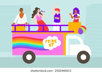 Illustration eines farbenfrohen Elektrotrios in São Paulos Pride Parade: Menschen an der Spitze, umgeben von Regenbogenfarben, und eine lebhafte Feier der LGBTQ+ Einheit.