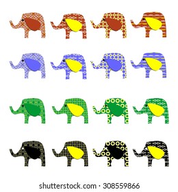 Illustration with colorful elephants decorated with patterns.