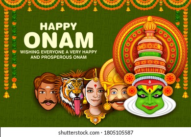 illustration of colorful faces of different characters including Kathakali dancer, King Mahabali and Puli Kali on background for Happy Onam festival of South India Kerala