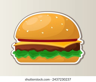 Illustration of colorful fast food sticker. This illustration captures the essence of a mouth-watering burger on a clean soft background in a playful cartoon design. Vector illustration.