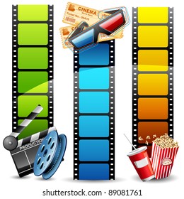 illustration of colorful film reel with pop corn,reel and clapper board