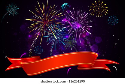 illustration of colorful firework banner on abstract background