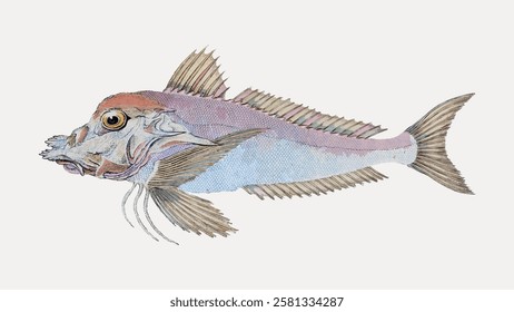 Illustration of a colorful fish with detailed fins and scales. The fish features prominent eyes and a textured body, showcasing intricate aquatic design. Vintage fish illustration isolated, vector.