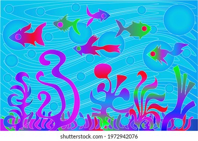 An illustration with a lot of colorful fish on the background of the sea floor. Use it for design and illustrations.