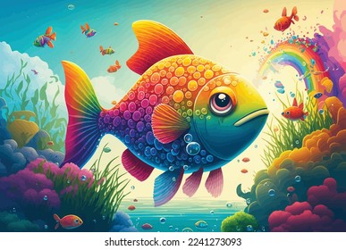 illustration of colorful fish and rainbow in aquarium 