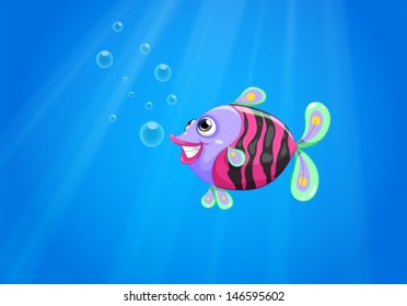 Illustration of a colorful fish smiling under the sea