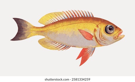 Illustration of a colorful fish with vibrant fins and scales. The fish has a detailed texture, showcasing its vibrant colors and intricate fin patterns. Vintage fish illustration isolated, vector.