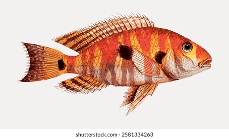 Illustration of a colorful fish with vibrant orange and red scales. The fish features detailed fins and a realistic texture, showcasing aquatic beauty. Vintage fish illustration isolated, vector.