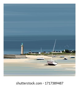 Illustration of a colorful fisherman's boats in Brittany France - vector illustration (Ideal for printing on fabric or paper, poster or wallpaper, house decoration) Landscape totally fictitious