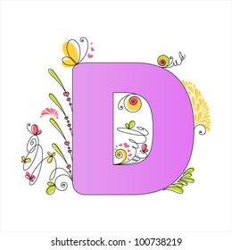 Illustration of colorful floral alphabet. Letter D
