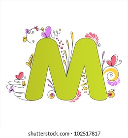 Illustration of colorful floral alphabet. Letter M