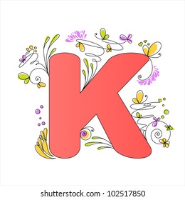Illustration of colorful floral alphabet. Letter K