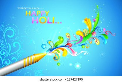 illustration of colorful floral swirl around Holi pichkari