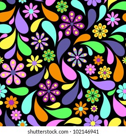 Illustration of colorful flower on black background.