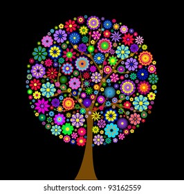 Illustration of  colorful flower tree on black background