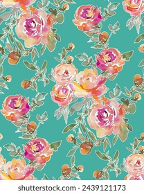 Illustration colorful flowers bouquet arranged on a turquoise background. Seamless floral pattern. Digital textile design.