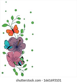 illustration of colorful flowers, with green branches and butterflies, on the left side of a white leaf