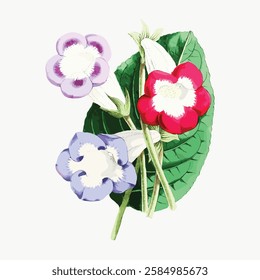 Illustration of colorful flowers with green leaves. Vibrant flowers in purple, red, and white. Detailed floral artwork with lush green leaves and vivid colors. Vintage art illustration, vector.