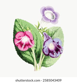 Illustration of colorful flowers with green leaves. Vibrant flowers in pink, purple, and green. Detailed floral design with lush leaves and vivid colors. Vintage art illustration, vector.