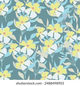 Illustration of colorful flowers and leaves on a turquoise background. Seamless pattern design textile.