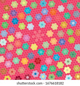 Illustration of colorful flowers. Shape of hexagons many festive colors. Ideal background for holidays.