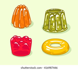 Illustration with colorful fruit jelly. Gelatin desserts set.