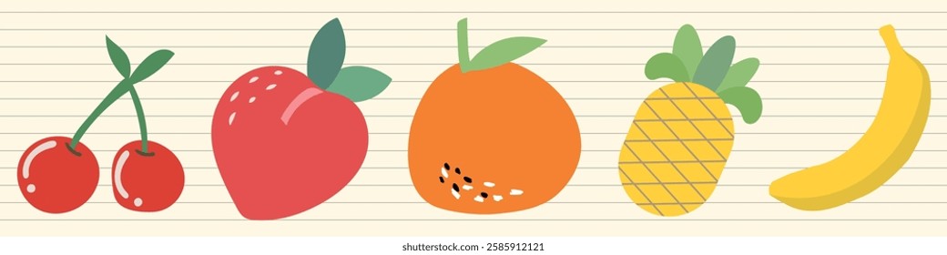 Illustration of colorful fruits: cherries, strawberry, orange, pineapple, and banana. Simple, playful fruit design on lined background. Vector element set.