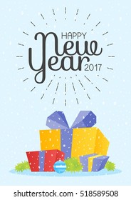 Illustration of colorful gift box on white background. Sign Happy New Year 2017.