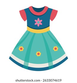 Illustration of a colorful girl's dress with flowers, a yellow belt, and a red collar. Isolated on white background.