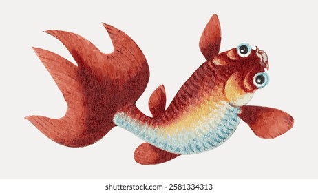 Illustration of a colorful goldfish with vibrant red and orange hues. The goldfish has a flowing tail and fins, with expressive eyes. Artistic goldfish design. Vintage fish illustration vector.