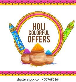 illustration of colorful gulal colors powder filled with mud pot and decorated pichkari for indian festival Happy Holi.