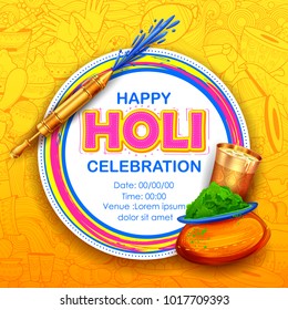 illustration of colorful gulal (powder color) and pichkari for Happy Holi Background