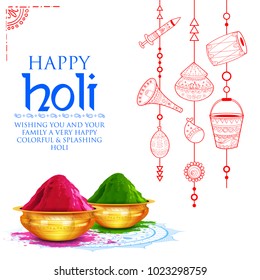 illustration of colorful gulal (powder color) in earthen bowl for Happy Holi Background