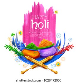 illustration of colorful gulal (powder color) in earthen bowl for Happy Holi Background