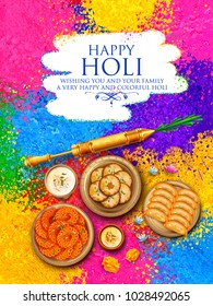 Illustration von bunter Gulal (Pulverlack) und gujiya süß mit Thandai für Happy-Holi-Hintergrund