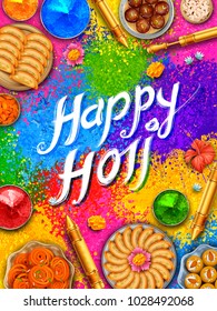 illustration of colorful gulal (powder color) and gujiya sweet with thandai for Happy Holi Background