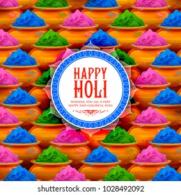 illustration of colorful gulal (powder color) in earthen bowl for Happy Holi Background