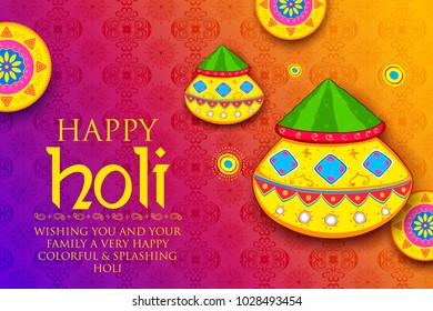 illustration of colorful gulal (powder color) in earthen bowl for Happy Holi Background