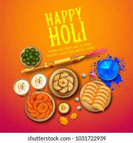 Illustration von bunter Gulal (Pulverlack) und gujiya süß mit Thandai für Happy-Holi-Hintergrund