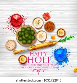 illustration of colorful gulal (powder color) and gujiya sweet with thandai for Happy Holi Background