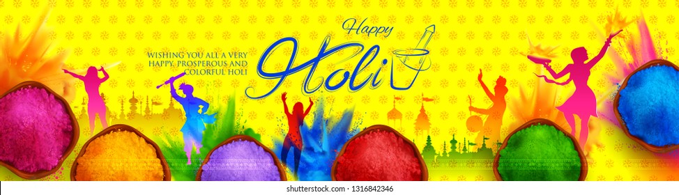 illustration of colorful gulal (powder color) in earthen bowl for Happy Holi Background