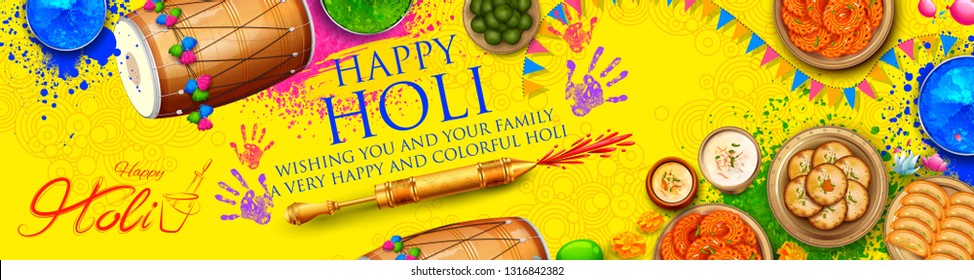 illustration of colorful gulal (powder color) in earthen bowl for Happy Holi Background