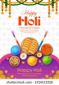 Illustration von bunter Gulal (Pulverlack) und gujiya süß mit Thandai für Happy-Holi-Hintergrund