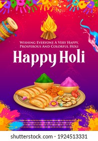 Illustration von bunter Gulal (Pulverlack) und gujiya süß mit Thandai für Happy-Holi-Hintergrund