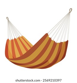 An illustration of a colorful hammock that is decorated with bright orange and yellow stripes and suspended from rope attachments.