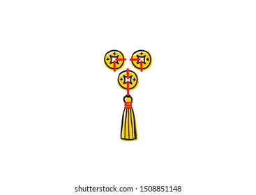 Illustration of colorful hand draw traditional Chinese gold coins and knots. Isolated, vector elements on white background. Gold decoration for design templates in Chinese style.