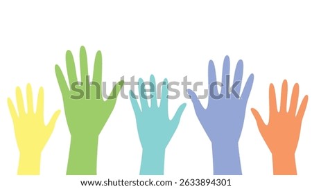 Illustration of colorful hands raised in unity, symbolizing volunteerism, teamwork, and inclusive social participation.