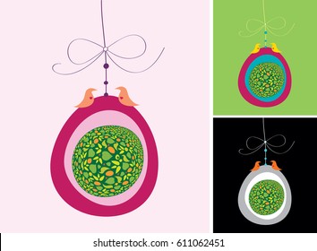 Illustration of colorful hanging egg with sitting birds. Concept of joyful couple life