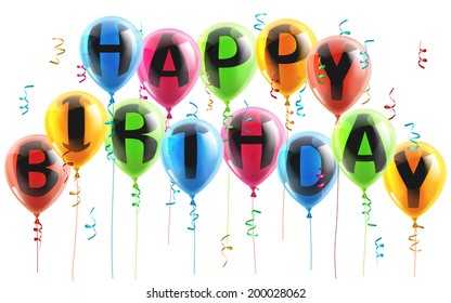 An illustration of colorful Happy Birthday balloons with streamers or confetti