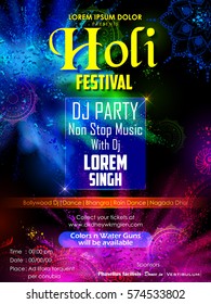 illustration of colorful Happy Holi DJ party banner Background for Festival of Colors celebration greetings